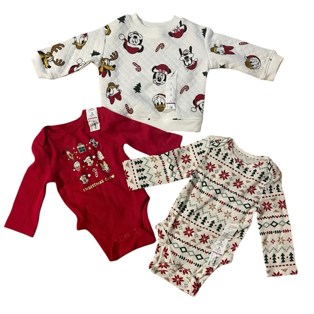 Disney Jumping Beans Christmas Baby Girl Lot 0-3M NWT Sweater & Onesies - Mickey